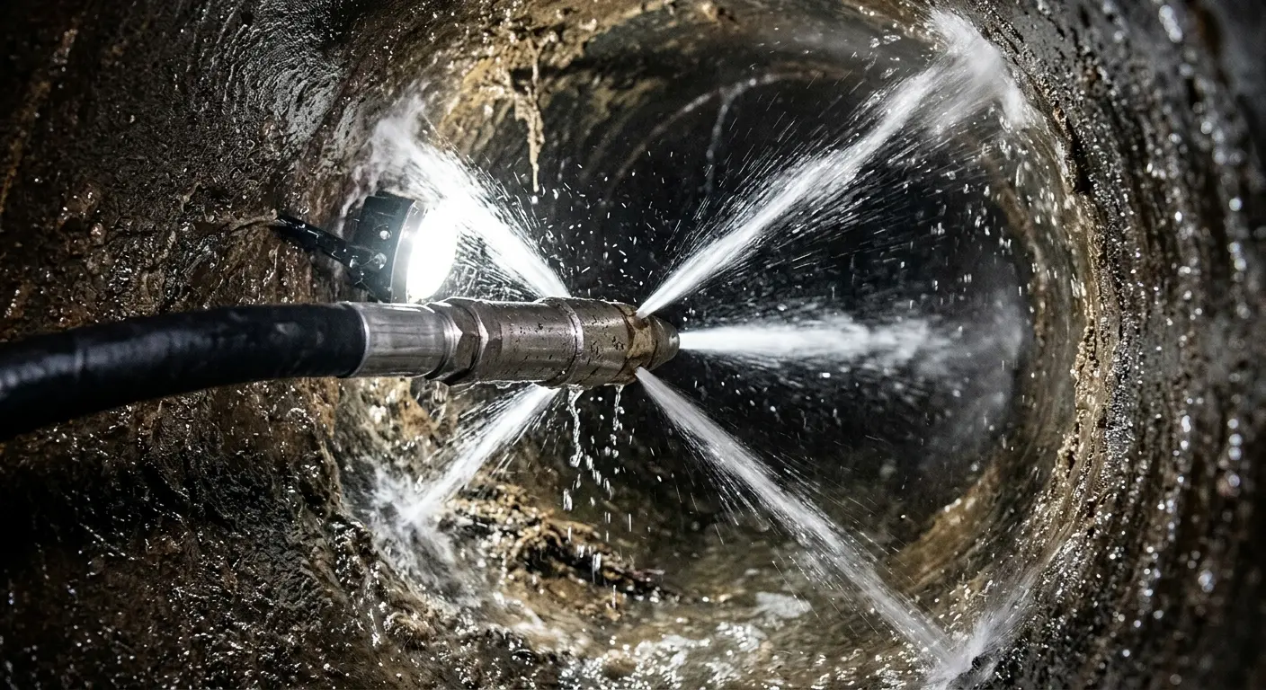 High-pressure hydro jetting nozzle cleaning sewer pipe for Sewer Line Relining in Presque Isle
