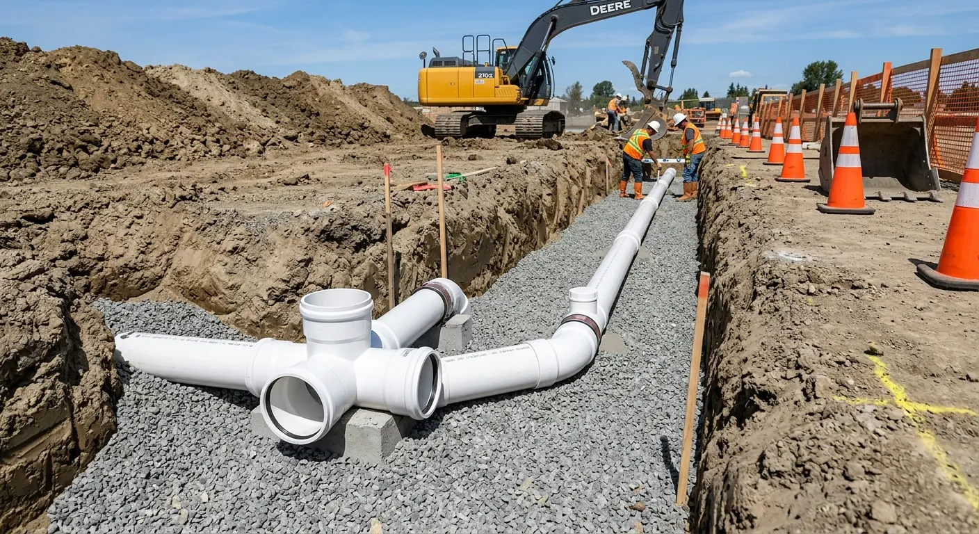 New PVC sewer pipe installation in open trench for Sewer Backup in Presque Isle