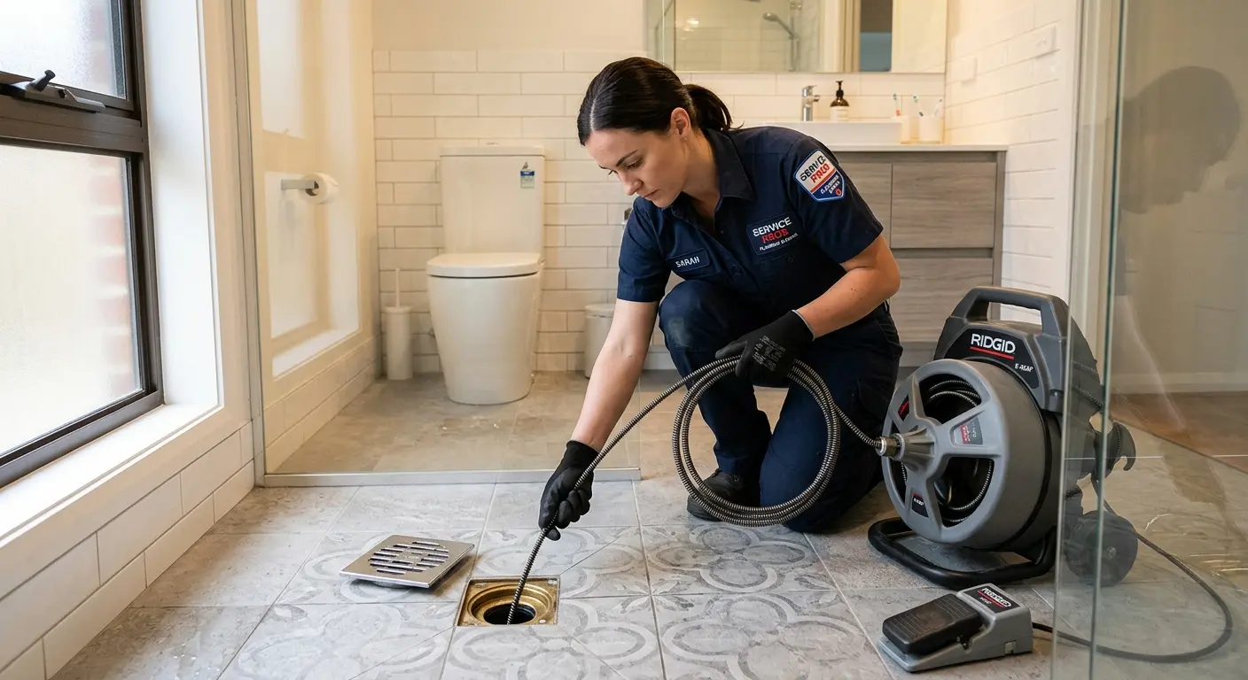 Technician clearing a bathroom floor drain for Drain Cleaning in Presque Isle